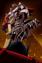 Rule 34 | artist name, autobot, barbed wire, commentary, decepticon, embers, english commentary, glowing, glowing eyes, gun, holding, holding gun, holding weapon, looking down, makoto ono, mecha, megatron, open hand, optimus prime, parody, red eyes, red scarf, robot, scarf, smile, solo focus, the walking dead, transformers, transformers: generation 1, weapon