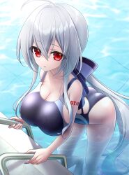 Rule 34 | 02g9, 1girl, absurdres, ass, breasts, cleavage, highres, large breasts, long hair, low ponytail, one-piece swimsuit, pool, red eyes, swimsuit, vocaloid, white hair, yowane haku