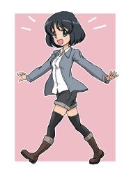 Rule 34 | 1girl, black eyes, black hair, black shorts, black thighhighs, blouse, bob cut, boots, brown footwear, casual, collared shirt, commentary, girls und panzer, grey jacket, inatomi hibiki, jacket, long sleeves, looking at viewer, notice lines, open clothes, open jacket, open mouth, outline, outstretched arms, pink background, shirt, short hair, short shorts, shorts, smile, solo, spread arms, takahashi kurage, textless version, thighhighs, walking, white outline, white shirt
