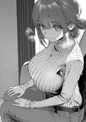 Rule 34 | 1girl, belt, breasts, denim, from side, greyscale, hair between eyes, hands on lap, heart, heart-shaped pupils, heavy breathing, highres, ice reizou, indoors, jeans, jewelry, large breasts, long sleeves, looking at viewer, mole, mole under mouth, monochrome, necklace, original, paid reward available, pants, ribbed sweater, short hair, sitting, solo, sweater, symbol-shaped pupils, turtleneck, turtleneck sweater