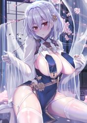 Rule 34 | 1girl, absurdres, azur lane, bird, blue dress, blush, braid, branch, breast curtains, breasts, cherry blossoms, china dress, chinese clothes, cleavage, clothing cutout, commentary request, covered collarbone, covered erect nipples, covered navel, cowboy shot, dress, floral print, flower, garter straps, gloves, gu li, hair between eyes, hair flower, hair intakes, hair ornament, half gloves, head tilt, high heels, highres, large breasts, looking at viewer, neckwear between breasts, night, parted lips, pelvic curtain, red eyes, revealing clothes, see-through, see-through sleeves, shiny skin, short hair, side braid, side cutout, side slit, sidelocks, sirius (azur lane), sirius (azure horizons) (azur lane), sitting, skindentation, solo, thighhighs, wariza, white footwear, white gloves, white hair, white thighhighs, window