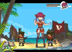 Rule 34 | 1girl, 2boys, animated, arrow (symbol), arrow through heart, bare shoulders, beach, beard, black thighhighs, blue sky, brooch, character name, cloud, covered navel, dancing, day, eyepatch, facial hair, flag, flagpole, full body, gloves, hat, heart, height difference, holding, hololive, houshou marine, jewelry, long hair, long sleeves, looking at viewer, looping animation, multiple boys, ocean, official art, orange hair, outdoors, palm tree, peg leg, pirate, pirate hat, pixel art, pleated skirt, red eyes, red hair, red skirt, rock, sand, shipwreck, shoes, skirt, skull, sky, smile, standing, tengu nouzu, thighhighs, tree, tricorne, twintails, video, virtual youtuber, water, white gloves, wind, yellow eyes, zettai ryouiki