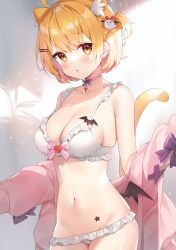 Rule 34 | 1girl, animal ears, ayamy, bare shoulders, blonde hair, blush, bow, bow bra, bra, breasts, cat ears, cat girl, cat tail, choker, cleavage, demon wings, extra ears, frilled bra, frilled panties, frills, ghost hair ornament, hair ornament, hairclip, highres, hololive, jacket, large breasts, looking at viewer, low wings, navel, off shoulder, one side up, open clothes, open jacket, panties, parted lips, pink choker, pink jacket, purple bow, short hair, solo, star tattoo, stomach, tail, tattoo, underwear, virtual youtuber, white bra, white panties, wings, yellow eyes, yozora mel
