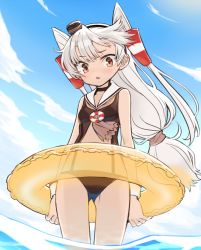 Rule 34 | 1girl, amatsukaze (kancolle), blue sky, brown one-piece swimsuit, casual one-piece swimsuit, cloud, cowboy shot, day, from below, gluteal fold, hair tubes, innertube, kantai collection, long hair, monaka ooji, one-piece swimsuit, outdoors, sailor collar, sailor swimsuit, silver hair, sky, soaking feet, solo, standing, swim ring, swimsuit, two side up, wading, water, white sailor collar
