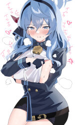 Rule 34 | 1girl, ako (blue archive), bell, black gloves, black hairband, black skirt, blue archive, blue eyes, blue hair, blush, breasts, commentary request, gloves, hair between eyes, hairband, half gloves, halo, highres, large breasts, long sleeves, looking at viewer, medium hair, neck bell, simple background, skirt, solo, sweat, thighs, tsumayouji (tumayog), white background