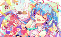 Rule 34 | 1girl, 39, absurdres, ai kotoba iv (vocaloid), angel wings, aqua eyes, aqua hair, bandaid, bandaid on face, bandaid on neck, bare shoulders, blue hair, blush, closed eyes, detached sleeves, flower, food, hair between eyes, hair ornament, hatsune miku, headphones, heart, heart hair ornament, highres, hiro chikyuujin, holding, holding flower, long hair, necktie, open mouth, shirt, smile, solo, streamers, twintails, very long hair, vocaloid, wings, wireless earphones