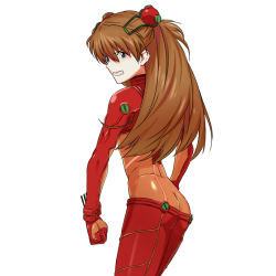 Rule 34 | 00s, 1girl, ass, blue eyes, bodysuit, brown hair, butt crack, clenched hand, clenched hands, clenched teeth, evangelion: 2.0 you can (not) advance, female focus, grin, kanna asuke, latex, long hair, multicolored clothes, neon genesis evangelion, plugsuit, rebuild of evangelion, red bodysuit, see-through, see-through bodysuit, shiny clothes, simple background, skin tight, smile, solo, souryuu asuka langley, teeth, test plugsuit, very long hair, white background
