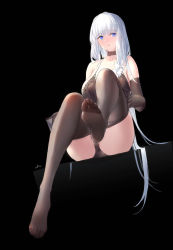 Rule 34 | 1girl, absurdres, azur lane, bare shoulders, black background, black choker, black gloves, black panties, black pantyhose, blue eyes, blush, breasts, choker, elbow gloves, feet, foreshortening, full body, gloves, highres, illustrious (azur lane), large breasts, legs, long hair, no shoes, panties, pantyhose, parted lips, simple background, sitting, soles, solo, swd3e2, thighs, toes, underwear, white hair