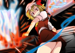 Rule 34 | 1girl, armored core, armored core 5, ascot, ass, blonde hair, female focus, flandre scarlet, from software, grin, hat, hat ribbon, looking at viewer, m-eiji, no panties, red eyes, ribbon, shaded face, short hair, side ponytail, skirt, skirt set, smile, solo, touhou, weapon