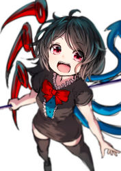 Rule 34 | 1girl, :d, asymmetrical wings, black dress, black hair, black thighhighs, blurry, bow, bowtie, depth of field, dress, dutch angle, fangs, from above, highres, houjuu nue, looking at viewer, open mouth, pyonsuke (pyon2 mfg), red bow, red eyes, short hair, short sleeves, simple background, smile, solo, thighhighs, touhou, white background, wings, zettai ryouiki