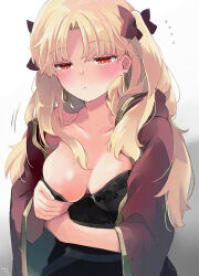 Rule 34 | 1girl, :&lt;, azumi (myameco), blonde hair, blush, breasts, cape, cleavage, closed mouth, collarbone, commentary request, ereshkigal (fate), fate/grand order, fate (series), flying sweatdrops, gradient background, grey background, hair ribbon, half-closed eyes, long hair, looking down, medium breasts, motion lines, parted bangs, red cape, red eyes, red ribbon, ribbon, solo, two side up