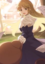 Rule 34 | 1girl, blurry, blurry background, blush, brown hair, character request, copyright request, day, gloves, green eyes, highres, lips, long hair, long sleeves, looking at viewer, narumi nanami, open mouth, outdoors, smile, solo, tree, white gloves