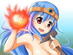 Rule 34 | 1girl, \m/, anger vein, armpits, blue hair, blush, breasts, chunsoft, circlet, cleavage, dragon quest, dragon quest iii, enix, female focus, fire, gradient background, macross, macross frontier, magic, nekomanma (byougatei), open mouth, out-of-frame censoring, parody, red eyes, sage (dq3), seikan hikou, solo, staff, sweat, topless, upper body, veins, wallpaper