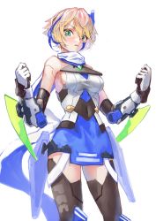 Rule 34 | 1girl, android, arm blade, bare shoulders, black thighhighs, blonde hair, blue hair, blue skirt, blush, breasts, clenched hands, covered navel, elbow gloves, female focus, gloves, green eyes, hands up, joints, level9kaito, light blush, looking at viewer, medium breasts, miniskirt, multicolored clothes, multicolored gloves, multicolored hair, nate (world flipper), open mouth, orange hair, pencil skirt, shirt, short hair, sideboob, sidelocks, simple background, skirt, sleeveless, sleeveless shirt, solo, standing, streaked hair, teeth, thighhighs, two-tone hair, weapon, white background, white shirt, world flipper