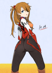 Rule 34 | 10s, 1girl, :o, ass, bad id, bad tumblr id, blue eyes, bodysuit, breasts, brown hair, cowboy shot, dated, evangelion: 3.0 you can (not) redo, eyepatch, from behind, gloves, grey background, hair ornament, hair over one eye, hair over shoulder, hand on own thigh, headgear, lcl, legs apart, long hair, looking at viewer, looking back, narrow waist, neon genesis evangelion, open mouth, parted bangs, pilot suit, plugsuit, rebuild of evangelion, simple background, skin tight, small breasts, solo, souryuu asuka langley, tanaka (colorcorn), turtleneck, twisted torso, two side up, wading, white background