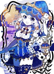 Rule 34 | 1girl, blue eyes, blue ribbon, blue thighhighs, corset, elina (e2n04n), frills, hat, holding, holding staff, original, ribbon, solo, staff, star (symbol), thighhighs, white hair, witch hat