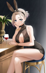 Rule 34 | 1girl, alcohol, animal ears, azur lane, bare shoulders, black dress, black hairband, blonde hair, blue eyes, bracelet, breasts, cheek rest, cleavage, cleavage cutout, closed mouth, clothing cutout, crossed legs, cup, dress, drinking glass, elbow rest, fake animal ears, feet out of frame, hairband, highres, jewelry, large breasts, looking at viewer, new orleans (azur lane), new orleans (evening agricole) (azur lane), nontraditional playboy bunny, official alternate costume, on stool, qing wu, rabbit ears, short hair, sidelocks, sitting, sleeveless, sleeveless dress, smile, solo, stool, thighs, turtleneck, wine, wine glass