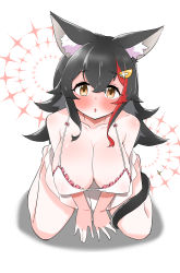 Rule 34 | 1girl, animal ears, babydoll, black hair, blush, breasts, cleavage, covered erect nipples, highres, hololive, kani bonara, kneeling, large breasts, lingerie, looking at viewer, ookami mio, red hair, solo, tail, underwear, virtual youtuber, wolf ears, wolf girl, wolf tail, yellow eyes