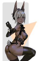 Rule 34 | 1girl, :p, animal ears, arm strap, ass, back, bare shoulders, belt, black gloves, black thighhighs, bow, bowtie, breasts, brown eyes, dark-skinned female, dark skin, gloves, grey hair, highres, large breasts, leg up, leotard, looking at viewer, looking back, medium breasts, muni (fdrk), original, rabbit ears, rabbit tail, short hair, sideboob, smile, solo, tail, thighhighs, tongue, tongue out, wrist cuffs