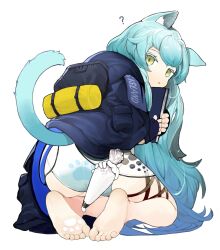 Rule 34 | 1girl, :|, ?, absurdres, animal ear fluff, animal ears, arknights, ass, backpack, bag, barefoot, black gloves, black jacket, blue hair, book, cat ears, cat girl, cat tail, closed mouth, clothes lift, commentary, disembodied hand, fingerless gloves, from behind, gloves, gradient hair, green eyes, green hair, highres, holding, holding book, hood, hood down, jacket, jacket lift, jitome, kneeling, long hair, looking at viewer, looking back, menthako, multicolored hair, panties, pastry bag, paw print, rosmontis (arknights), simple background, soles, solo, symbol-only commentary, tail, thigh strap, toes, underwear, very long hair, white background, white panties