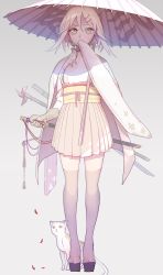 Rule 34 | 1girl, ayatoki-1, bad id, bad pixiv id, blonde hair, cat, covering own mouth, hair ornament, hairclip, highres, holding, kagamine rin, katana, looking at viewer, oil-paper umbrella, petals, pleated skirt, shade, short hair, simple background, skirt, sword, thighhighs, umbrella, vocaloid, weapon, yellow eyes, zettai ryouiki