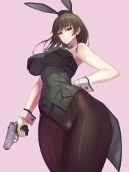 Rule 34 | 1girl, animal ears, breasts, brown eyes, brown hair, coattails, damegane, fake animal ears, gun, handgun, highres, hip focus, johanna wiese, large breasts, long hair, looking at viewer, matching hair/eyes, pantyhose, pistol, playboy bunny, rabbit ears, smile, solo, thighs, walther, weapon, world witches series