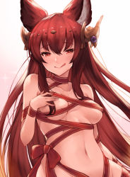 Rule 34 | 1girl, :q, animal ears, anthuria, bad id, bad pixiv id, blush, breasts, closed mouth, collarbone, erune, granblue fantasy, hair between eyes, hair ornament, hand on own chest, highres, koretsuki azuma, licking lips, long hair, looking at viewer, medium breasts, naked ribbon, navel, red eyes, red hair, ribbon, sidelocks, smile, solo, tongue, tongue out, valentine