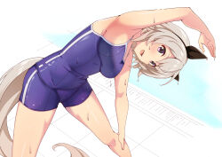 Rule 34 | 1girl, animal ears, arm up, armpits, blue one-piece swimsuit, breasts, commentary request, competition school swimsuit, competition swimsuit, curren chan (umamusume), ear covers, feet out of frame, grey hair, highres, horse ears, horse girl, horse tail, looking at viewer, medium breasts, motsutoko, one-piece swimsuit, open mouth, pool, poolside, purple eyes, school swimsuit, smile, solo, stretching, swimsuit, tail, tracen swimsuit, umamusume, water