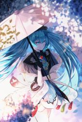 Rule 34 | 1girl, absurdres, black gloves, black headwear, blue dress, blue eyes, blue hair, blurry, blurry background, closed mouth, dress, floating hair, gloves, hair between eyes, half gloves, hatsune miku, highres, holding, holding umbrella, long hair, miku with you (vocaloid), short dress, smile, solo, sparkle, standing, theazureciel, twintails, umbrella, very long hair, vocaloid, white umbrella