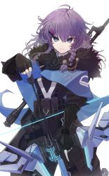 Rule 34 | 1girl, absurdres, black bodysuit, black gloves, blue capelet, blue eyes, bodysuit, bow (weapon), braid, breasts, capelet, commentary, cosplay, fur trim, gloves, hair ornament, hairclip, highres, holding, holding bow (weapon), holding weapon, looking at viewer, nijisanji, nijisanji kr, nun bora, purple hair, small breasts, solo, sova (valorant), sova (valorant) (cosplay), toga (toganawa), valorant, virtual youtuber, weapon, weapon on back