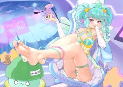 Rule 34 | 1girl, absurdres, ass, barefoot, blue hair, controller, feet, game controller, highres, long hair, looking at viewer, open mouth, panties, pantyshot, purple eyes, soles, toes, twintails, underwear