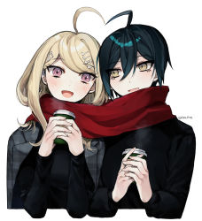 Rule 34 | 1boy, 1girl, ahoge, akamatsu kaede, alternate costume, artist name, black hair, blonde hair, commentary request, couple, cup, dalrye v3, danganronpa (series), danganronpa v3: killing harmony, enpera, fortissimo, hair between eyes, hair ornament, holding, holding cup, jacket, long hair, long sleeves, looking at another, looking to the side, musical note, musical note hair ornament, open mouth, own hands together, red scarf, saihara shuichi, scarf, shared clothes, shared scarf, short hair, simple background, smile, white background, yellow eyes