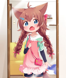Rule 34 | 1girl, :o, ahoge, animal ears, bag, blue eyes, blush, braid, brown hair, commentary request, cowboy shot, fangs, hair ornament, hairclip, highres, holding strap, indoors, layered sleeves, long hair, long sleeves, looking at viewer, makuran, mirror, momiji (makuran), open mouth, original, reflection, short over long sleeves, short sleeves, shorts, shoulder bag, solo, sparkling eyes, strap slip, tail, thick eyebrows, twin braids