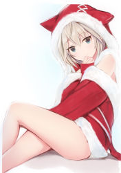 Rule 34 | 1girl, anastasia (idolmaster), bare legs, blue eyes, christmas, hands on own face, hood, hood up, hoodie, idolmaster, idolmaster cinderella girls, looking at viewer, nannacy7, santa costume, short hair, simple background, sitting, smile, solo, thighs, white background