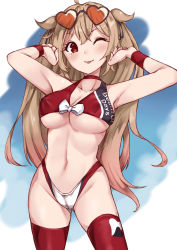 Rule 34 | 1girl, arms behind head, asake ameji, bikini, breasts, choker, cleavage, commentary request, eyewear on head, gluteal fold, heart, heart-shaped eyewear, kantai collection, light brown hair, long hair, looking at viewer, medium breasts, murasame (kancolle), murasame kai ni (kancolle), one eye closed, orange-tinted eyewear, race queen, red bikini, red eyes, red thighhighs, solo, swimsuit, thighhighs, tinted eyewear, tongue, tongue out, two side up, wristband
