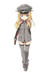 Rule 34 | 10s, 1girl, age difference, age regression, aged down, armband, bare shoulders, bismarck (kancolle), blonde hair, blue eyes, child, cross, detached sleeves, full body, gloves, grey thighhighs, hat, iron cross, kantai collection, long hair, looking at viewer, military, military uniform, peaked cap, solo, standing, thighhighs, uniform, white background, yoshikita popuri