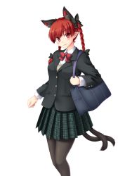 Rule 34 | 1girl, alternate costume, animal ears, bag, black pantyhose, blush, bow, bowtie, braid, cat ears, cat tail, extra ears, hair bow, hair ornament, handbag, isaki (gomi), jacket, kaenbyou rin, long hair, long sleeves, looking at viewer, miniskirt, multiple tails, pantyhose, plaid, plaid skirt, pointy ears, red eyes, red hair, simple background, skirt, smile, solo, tail, touhou, twin braids, vest, white background