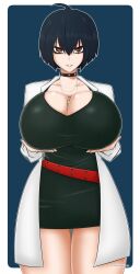 Rule 34 | 1girl, axel persona, belt, blue hair, breast lift, breasts, choker, cleavage, curvy, female focus, hair between eyes, highres, huge breasts, jewelry, lab coat, looking at viewer, necklace, persona, persona 5, red eyes, short hair, simple background, solo, takemi tae, thick thighs, thighs