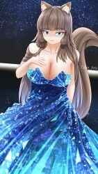 Rule 34 | 1girl, :3, absurdres, animal ear fluff, animal ears, blue dress, blue eyes, breasts, brown hair, cat ears, cat girl, cleavage, crystal, crystal dress, dress, fluffy, hand on breast, hand on own chest, highres, large breasts, long hair, original, raised eyebrow, simple background, sparkle, takie, takie arts
