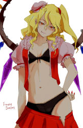 Rule 34 | 1girl, black bra, black panties, blonde hair, bra, clothes pull, fang, female focus, flandre scarlet, hand on own hip, hat, head tilt, hip focus, lace, lace-trimmed bra, lace-trimmed panties, lace trim, lingerie, naughty face, aged up, open clothes, open shirt, oso (toolate), panties, pointy ears, ponytail, red eyes, shirt, short hair, side ponytail, skirt, skirt pull, smile, smirk, solo, embodiment of scarlet devil, touhou, underwear, undressing, wings