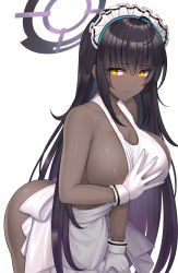 Rule 34 | 1girl, apron, areola slip, ass, bare shoulders, black hair, blue archive, blush, breasts, cleavage, collarbone, dark-skinned female, dark areolae, dark skin, gloves, halo, highres, karin (blue archive), komainu (yamaha1997), large breasts, long hair, looking at viewer, maid headdress, naked apron, orange eyes, sideboob, solo, thighs, white apron, white gloves