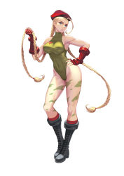 Rule 34 | 1girl, absurdres, ahoge, beret, black footwear, blonde hair, blue eyes, bodypaint, boots, braid, breasts, cammy white, camouflage, clenched hand, combat boots, contrapposto, covered navel, elbow gloves, facial scar, forehead, full body, gloves, green leotard, hat, highleg, highleg leotard, highres, holding, holding own hair, huge ahoge, large breasts, leotard, long hair, long legs, looking at viewer, red gloves, red socks, scar, scar on cheek, scar on face, socks, solo, standing, street fighter, street fighter ii (series), taut leotard, thong leotard, twin braids, very long hair, white background, zhano kun