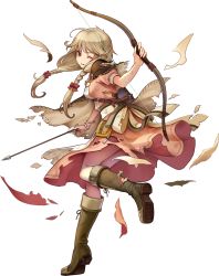 Rule 34 | 1girl, apron, arrow (projectile), boots, bow (weapon), bracelet, braid, brown eyes, brown hair, capelet, dress, faye (fire emblem), fire emblem, fire emblem echoes: shadows of valentia, fire emblem heroes, full body, highres, injury, jewelry, knee boots, konfuzikokon, long hair, low-braided long hair, low-tied long hair, nintendo, official art, one eye closed, quiver, ryona, short sleeves, solo, torn clothes, transparent background, twin braids, weapon