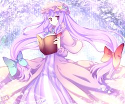 Rule 34 | 1girl, bad id, bad pixiv id, book, bow, crescent, crescent moon, female focus, hair bow, hat, large bow, long hair, moon, patchouli knowledge, purple eyes, purple hair, riichu, robe, solo, standing, staring, striped, touhou