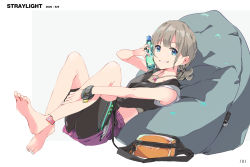 Rule 34 | 1girl, bad id, bad pixiv id, barefoot, bike shorts, black shorts, blue eyes, blue nails, bottle, bottle to cheek, commentary request, cushion, earrings, fanny pack, grey hair, grin, halterneck, highres, holding, holding bottle, idolmaster, idolmaster shiny colors, jewelry, knees up, leg hold, looking at viewer, lying, nail polish, on back, ponytail, purple shorts, ramune, ring, serizawa asahi, short hair, short ponytail, shorts, shorts under shorts, smile, soles, solo, wristband, yoshito