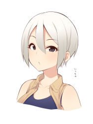 Rule 34 | 1girl, alternate hair color, bad id, bad pixiv id, bare shoulders, black eyes, blue shirt, blush, brown vest, collared vest, cropped torso, hair between eyes, idolmaster, idolmaster cinderella girls, looking at viewer, parted bangs, parted lips, shiomi syuko, shirt, short hair, simple background, sleeveless, sleeveless shirt, solo, translation request, uccow, upper body, vest, white background, white hair