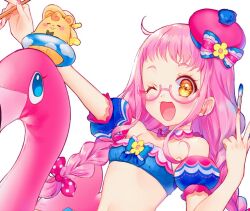 Rule 34 | 1girl, :3, ;d, arm up, beret, bikini, blue bikini, blue bow, blue innertube, blush, bow, braid, breasts, commentary request, detached collar, detached sleeves, flower, glasses, hair bow, ham (pripara), hamster, hand up, hat, hat bow, inflatable flamingo, innertube, kiki ajimi, long hair, looking at viewer, one eye closed, open mouth, outstretched arm, paintbrush, pink-framed eyewear, pink hair, pink headwear, polka dot, polka dot bow, pretty series, pripara, puffy detached sleeves, puffy sleeves, simple background, small breasts, smile, solo, swimsuit, touyama soboro, twin braids, upper body, v, white background, yellow eyes, yellow flower