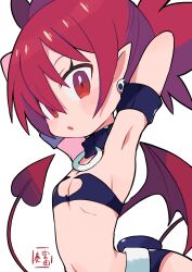 Rule 34 | 1girl, armpits, arms behind head, blush, breasts, demon girl, demon tail, demon wings, disgaea, etna (disgaea), highres, looking at viewer, miyata (lhr), navel, red eyes, red hair, revealing clothes, shorts, small breasts, solo, tail, twintails, wings