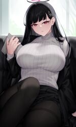 Rule 34 | 1girl, black hair, black jacket, black pantyhose, black skirt, blue archive, blunt bangs, breasts, clipboard, commentary, english commentary, hair behind ear, hair ornament, hairclip, halo, highres, holding, holding clipboard, indoors, izulizuru, jacket, knee up, large breasts, long hair, looking at viewer, miniskirt, off shoulder, pantyhose, red eyes, ribbed sweater, rio (blue archive), sitting, skirt, solo, sweater, turtleneck, turtleneck sweater, very long hair, white sweater