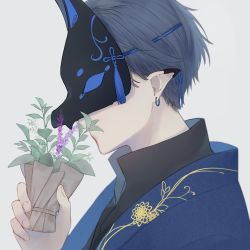 Rule 34 | 1boy, animal ears, blue coat, blue hair, blue theme, bouquet, bow, coat, covered eyes, ear ribbon, earclip, earrings, embroidery, fingernails, floral print, flower, flower over mouth, fox mask, from side, grey background, grey hair, highres, holding, jewelry, male focus, mask, original, pointy ears, popped collar, portrait, profile, purple flower, simple background, smelling flower, solo, tassel, tsuki mitsu, wrapper